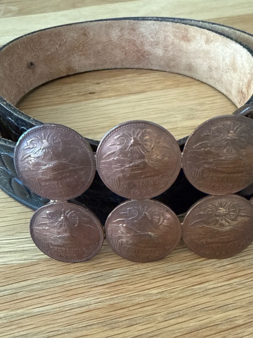 Vintage Coin Mexican Centavos Belt Buckle w/ Brown Leather Acorn Stamped Belt